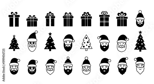 Santa faces and Christmas icons set with festive holiday decorations and presents featuring gifts, wrapped, bows with trees and pine elements for
