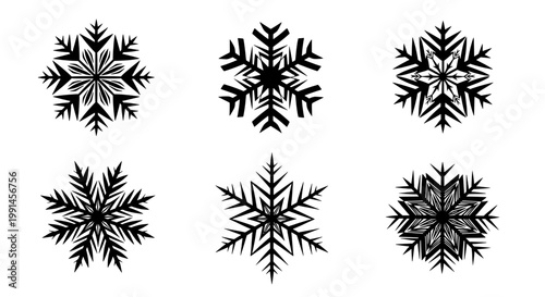 Snowflake winter icons set with crisp black line art, geometric frost details, and isolated holiday decoration symbols
