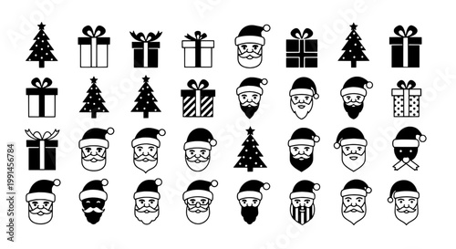 Santa faces and Christmas icons set with festive holiday symbols featuring gifts, presents, trees with decorations and beards elements for hats,