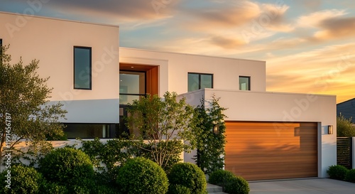 Modern luxury residence with clean lines and wood accents featuring a large garage door and lush landscaping set against a warm sunset sky