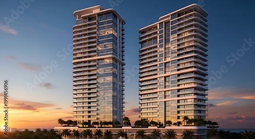 Modern luxury high-rise apartment buildings with balconies reflecting the sunset sky ideal for real estate marketing and architectural visualization