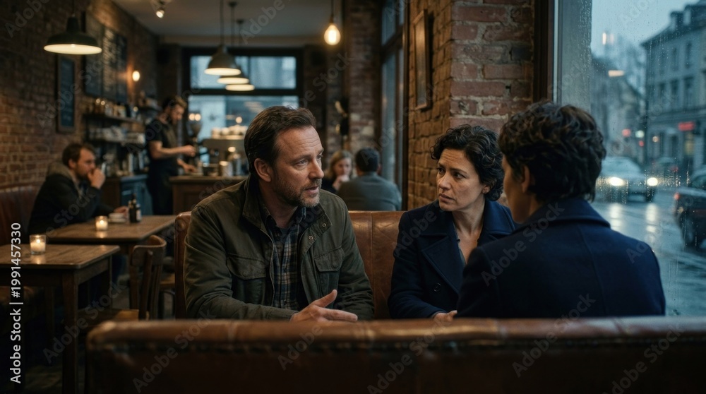 Fototapeta premium A man and a woman sitting in a cozy coffee shop, engaged in a conversation.