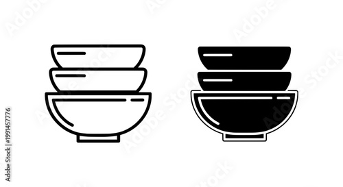 Bowl noodles icon with white and black stacked bowls, thin line art style for food menu and restaurant branding
