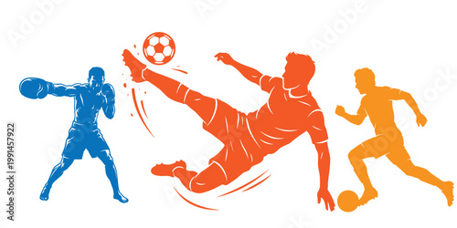 Vibrant illustration of soccer and boxing athletes in action isolated on white background