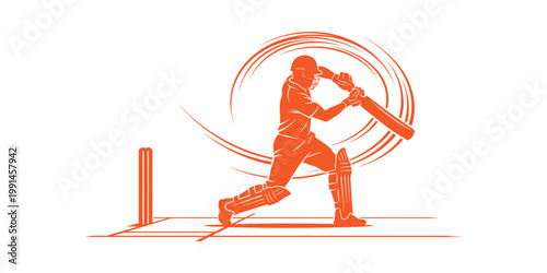 Cricket player in action with bat and wickets on white background