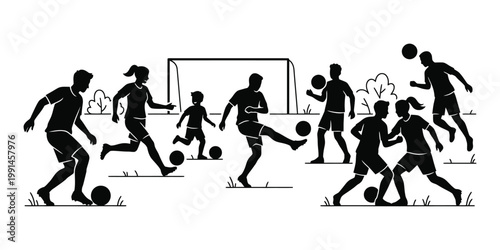 Black silhouettes of people playing soccer on a field with a goal