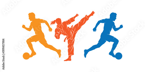 Three colorful silhouettes of athletes playing soccer and karate isolated on white background