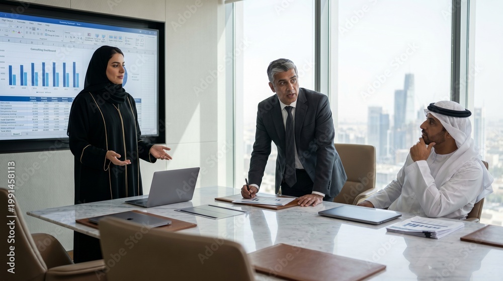 Obraz premium Multicultural Business Team Post Presentation Boardroom Discussion Riyadh