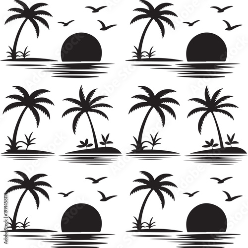 Repeating pattern of black silhouettes featuring palm trees, sunset, and birds on white background