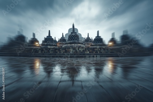 Ancient stupas at dusk, with reflections on wet paving stones.
