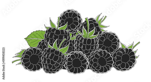 A pile of fresh, ripe blackberries with green leaves, ready for eating or use in recipes.