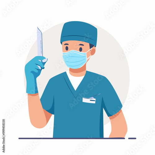 Surgeon wearing mask and gloves holding a scalpel