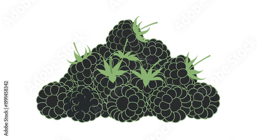 A pile of fresh, ripe blackberries with green stems, depicted in a flat graphic style.