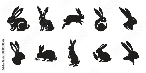 Rabbit silhouette vector set with various poses isolated on white background.