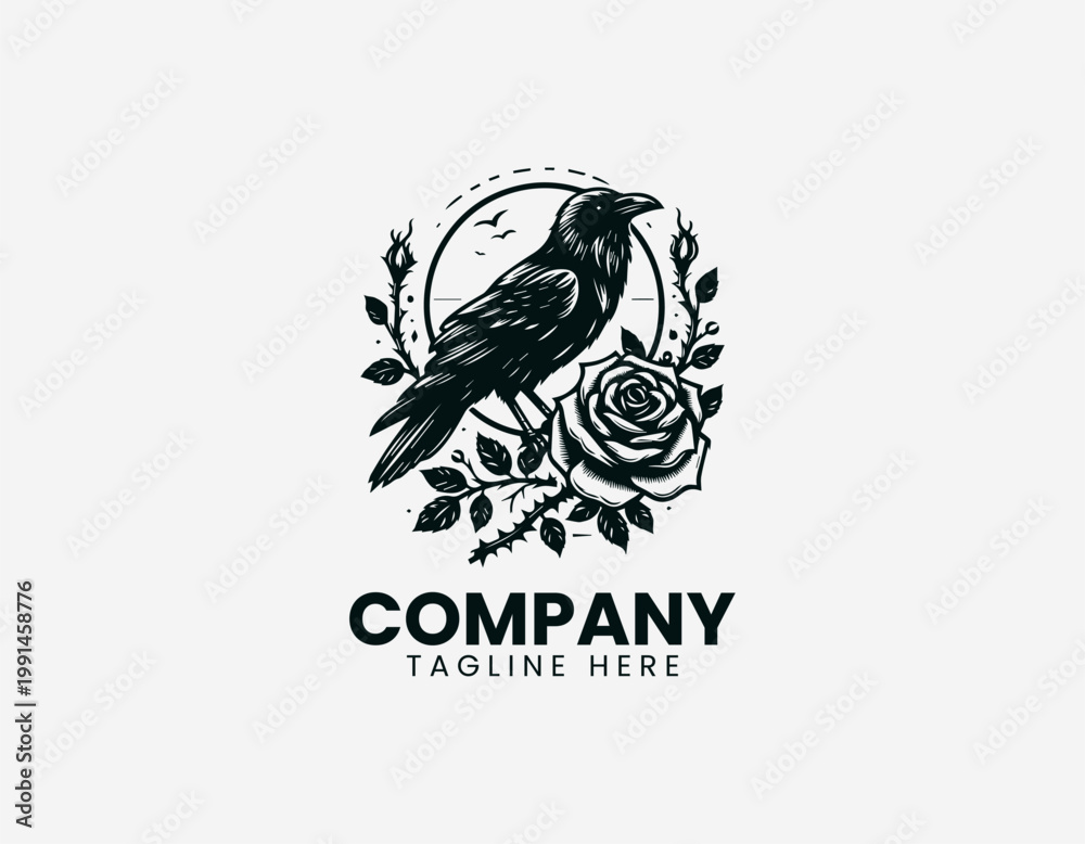 Fototapeta premium Raven perched on thorny branch with rose in detailed elegant black vector logo design on white background