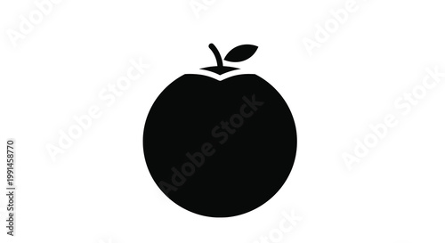 A simple black silhouette of a ripe apple with a leaf and stem silhouette