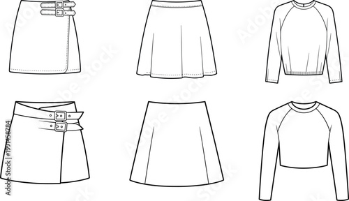 Asymmetrical buckle mini skirt and cropped raglan sweatshirt technical drawing set, fashion outfit templates, front and back views – vector illustration