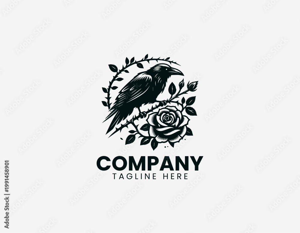 Fototapeta premium Raven perched on thorny branch with rose in detailed elegant black vector logo design on white background