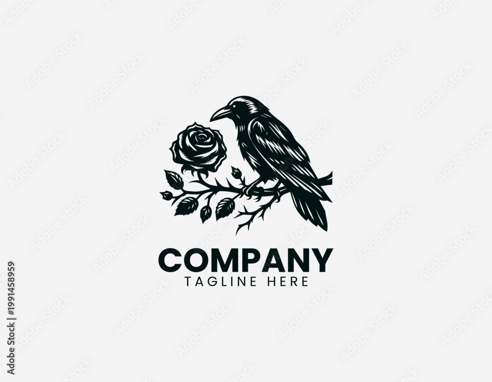 Fototapeta premium Raven perched on thorny branch with rose in detailed elegant black vector logo design on white background
