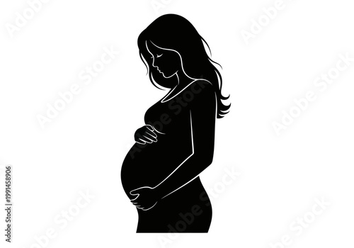 Pregnant Woman Silhouette, Expectant Mother Holding Her Belly, Pregnancy Concept Illustration Isolated on White Background
