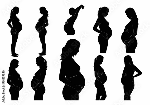 Set of Pregnant Woman Silhouettes, Maternity Motherhood Concept Illustrations in Various Poses