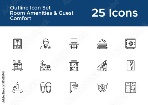 Hotel amenities outline icon pack for hospitality platform UI. Guest comfort and accommodation line icons