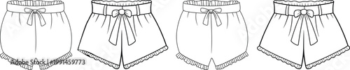 Chic women’s ruffle hem lounge shorts set, front and back views, elastic waistband with bow tie detail apparel template – vector illustration