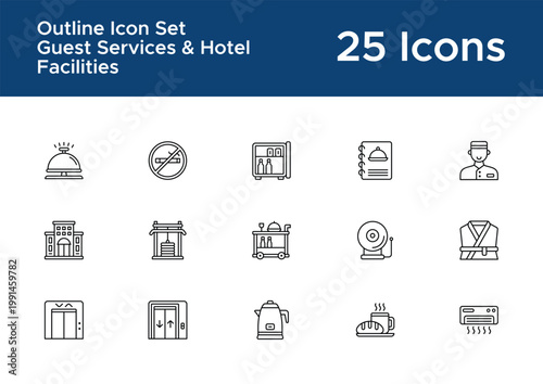 Hotel service outline icon set for hospitality app UI. Guest services, room amenities, and hotel facilities line icons