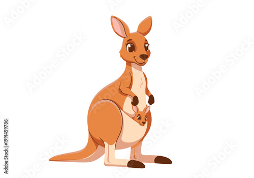 Cute Cartoon Mother Kangaroo with Joey in Pouch, Vector Illustration Isolated on White Background