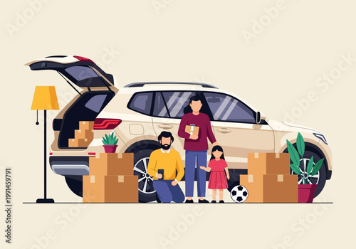 Happy Family Moving to New House with SUV Car and Cardboard Boxes Illustration - Flat Vector Relocation and Real Estate Concept