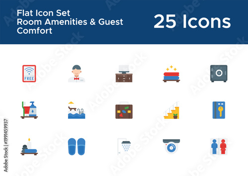 Hotel amenities flat icon pack for accommodation platform. Guest comfort and facility visuals