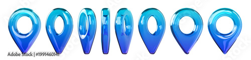 Foto Set of glossy blue 3D map location pin icons in different views