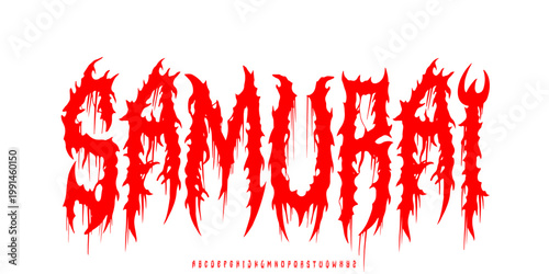 Samurai. Y2k Dark Lettering tattoo vector type font. Grunge style type font with Gothic Punk Rock and Death Metal signs and symbols. Scary tattoo font 00s concept.	