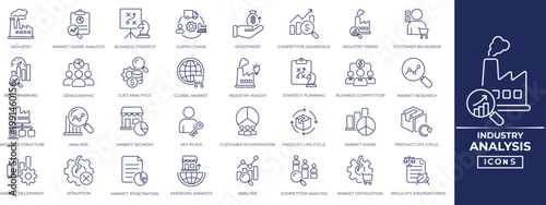 Quadro em tela Industry analysis icon set for innovation, performance, position, report, investment, regulation, research, share, strategy, and more