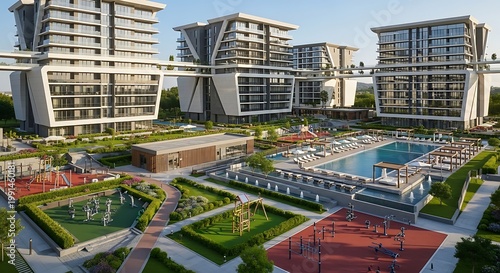 Modern residential complex with swimming pool and sports facilities contemporary architecture for luxury living urban development concept