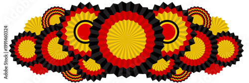 Strong german ribbon border with layered rosette waves and graphic scallops. A festive patriotic banner for posters and layouts with dynamic horizontal composition