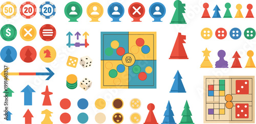 Board Game Elements Vector Set with Tokens, Dice, Pawns, Arrows, Trees, Coins, and Strategy Pieces for UI Design and Educational Gameplay