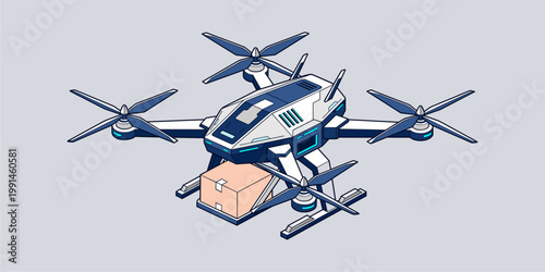 Isometric heavy lift cargo drone carrying a package for rapid delivery