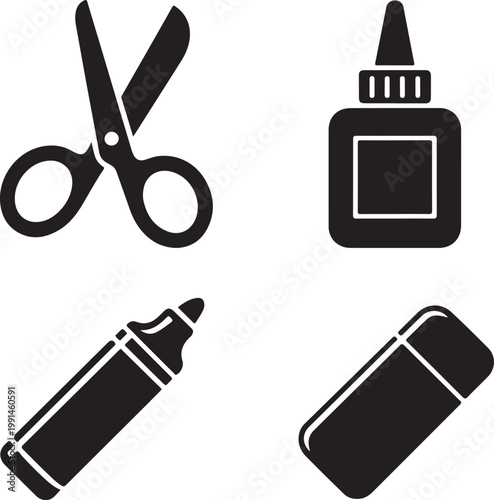 Set of four black silhouette of crafting tools including scissors glue marker and eraser