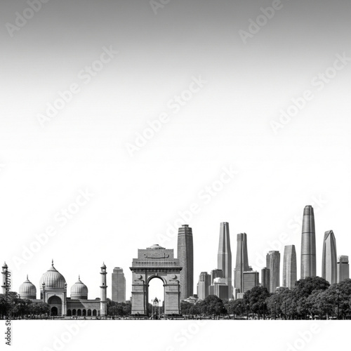 A black and white illustration of the India Gate and Jama Masjid in New Delhi with a modern city skyline