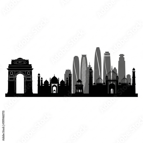 A black and gray vector graphic illustration of the New Delhi city skyline, featuring famous landmarks like the India Gate and modern skyscrapers.