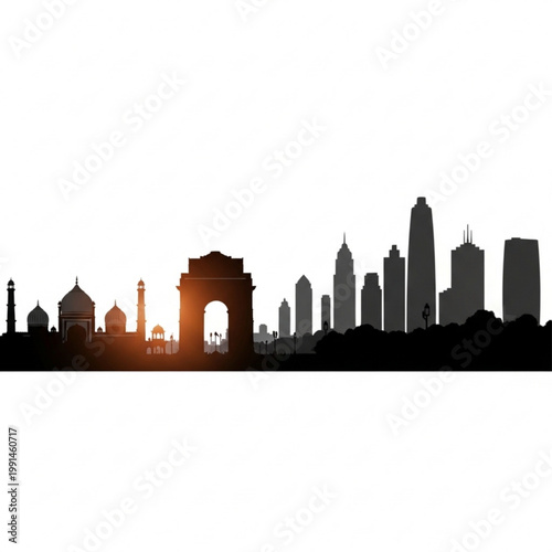 A silhouette of the New Delhi skyline with India Gate and modern skyscrapers at sunset