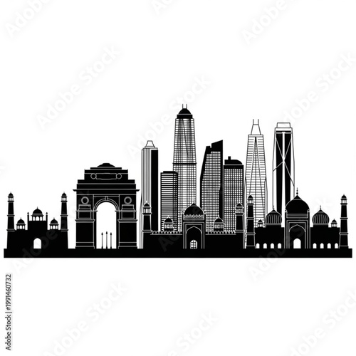 A black and white vector graphic illustration of the New Delhi city skyline, featuring iconic landmarks and modern skyscrapers in a flat, minimalist design
