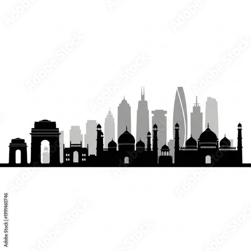 A black and gray silhouette of a city skyline with modern skyscrapers and historic buildings