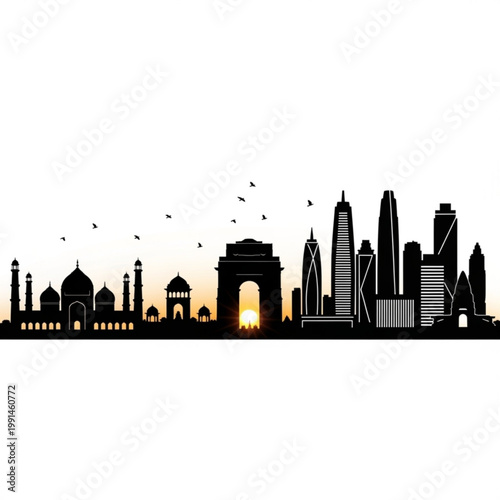 A black silhouette of the New Delhi skyline at sunset with modern skyscrapers and historic monuments