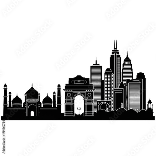 A black and white vector graphic illustration of the Mumbai city skyline, featuring iconic landmarks like the Gateway of India and the Taj Mahal Palace Hotel