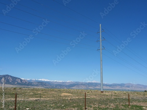 Power Lines and Utility Pole in Mountain Landscape, Colorado USA