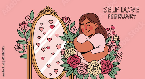 Woman hugging herself in mirror, self-love and self-care concept, February theme