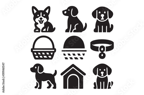 Black silhouettes of corgis dog house and pet accessories