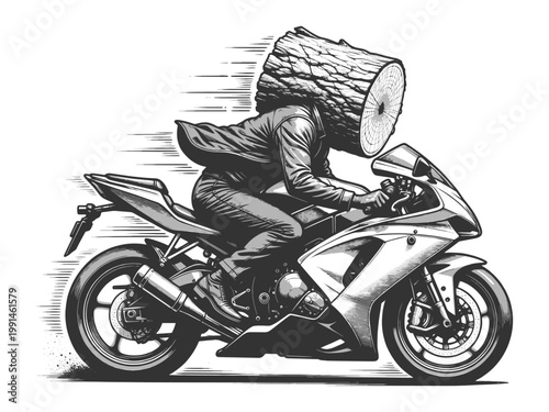 motorcyclist with a wooden log as a head, riding a sport bike, symbolizing absurdity, speed, and creative concept sketch engraving generative ai vector illustration. Scratch board. Black and white.